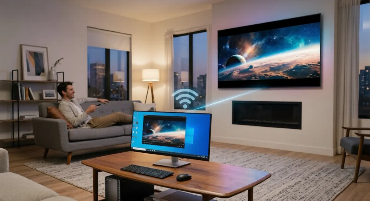 A living room with a desktop streaming video wirelessly to a wall-mounted screen
