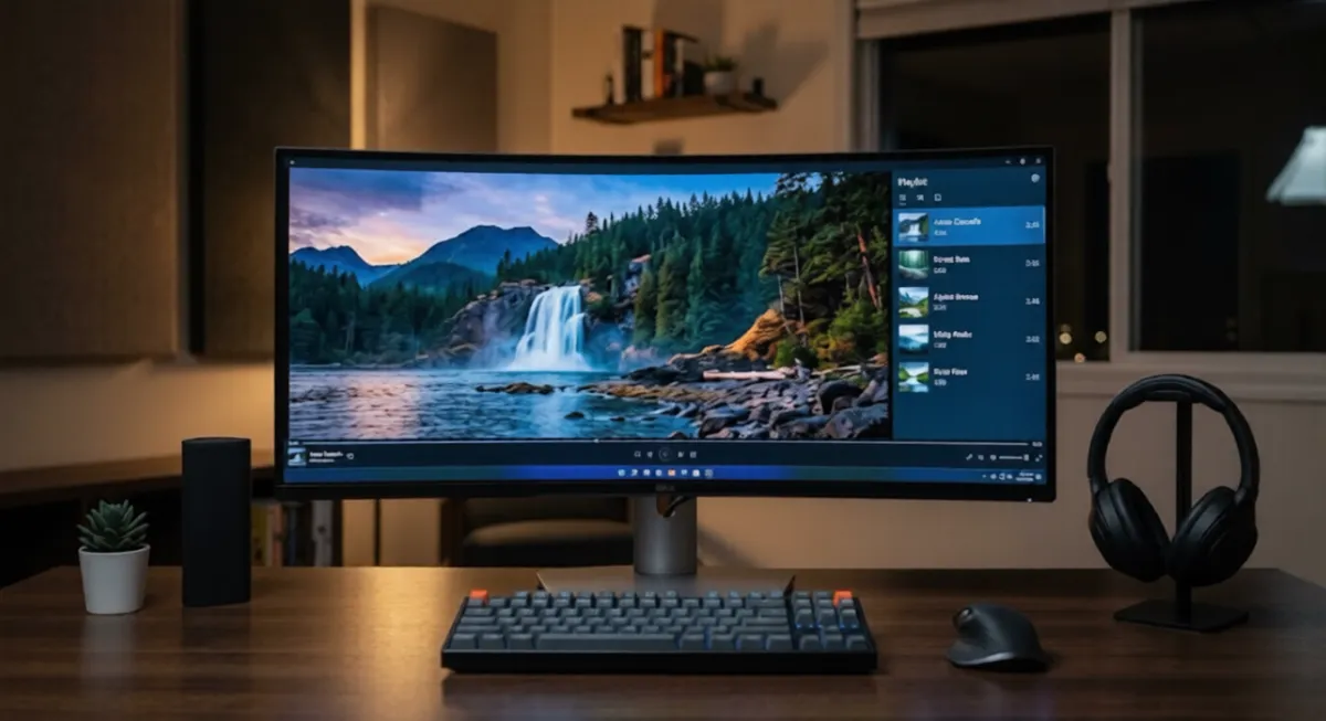 An ultrawide monitor on a desk playing a nature video beside a playlist panel